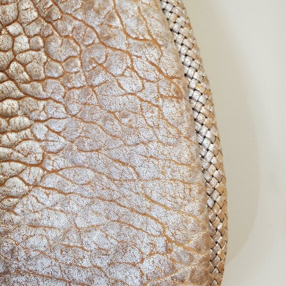 Cole Haan PHOEBE Distressed Leather Hobo Purse METALLIC ROSE Braid Trim Argento - Picture 4 of 9